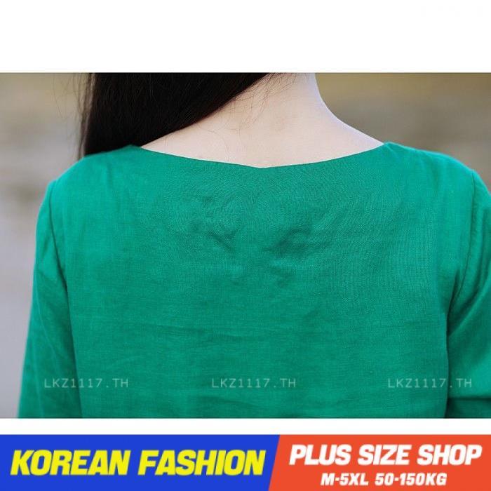 plus-size-เสื้อผ้าสาวอวบ-เดรสสาวอวบอ้วน-ไซส์ใหญ่-ผู้หญิง-ทรงหลวม-แขนสั้น-คอกลม-ย้อนยุค-ฤดูร้อน-สไตล์เกาหลีแฟชั่น-v728