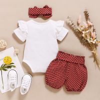 Mikrdoo Newborn Baby Girls Summer Clothes Set Cotton Solid Letters Print Fly Short Sleeve Romper Dot Shorts and Dot Bowknot Headband 3 Pcs. Outfits 0-18 Months