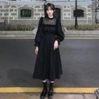 QWEEK  Autumn Gothic Black Lace Dress Women Casual Elegant Party Midi Ruffle Long Sleeve Dress Emo Y2k Goth Clothes