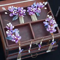 Purple Floral Hairpin Chinese Hanfu Hair Stick Fork For Women Tassel Step Shake Hair Comb Side Pins Glazed Flower Hair Jewelry Haberdashery