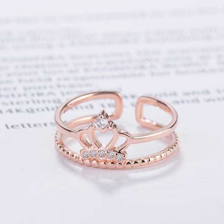 แหวนแฟชั่น-rose-gold-แท้-รูปมงกุฎประดับเพชร-free-size-แหวนแฟชั่น