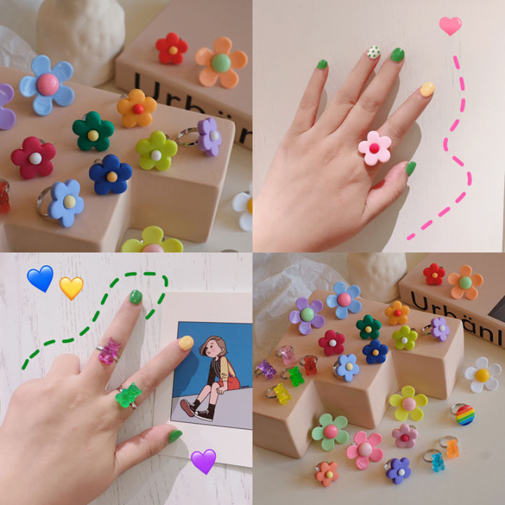 colorful-flower-ring-childlike-cute-sweet-girly-ins-summer-accessories-rainbow-bear-small-flower-ring-female