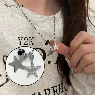 Kpop Goth Vintage Cool Y2K Star Pendant Beaded Silver Color Chain Necklace  For Women Men Aesthetic Grunge EMO Jewely Accessory