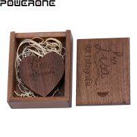 POWERONE (1PCS Free Custom LOGO) USB Flash Drives 64GB Wooden Heart Box Pendrives 32GB Wedding Gifts USB 2.0 Memory Stick 16GB