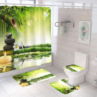 Full Set Bathroom Shower Curtain And Rugs Waterproof Fabric Furniture Accessory Green Bamboo Screen For Bath Decoration 180x200