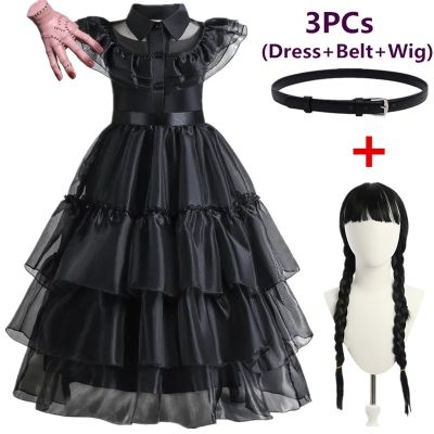 Wednesday Costume Girl Gothic Winds Moive Wednesday Cosplay Dresses Kids Children Halloween Party Costume with Belt Wigs