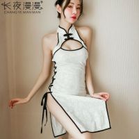 Long night lingerie womens sexy bandage alluring clothing Republic of China style side split hollow cheongsam 27OW