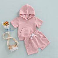 Summer Infant Baby Girls Boys Two Piece Set Toddler Solid Short Sleeve Hoodie Tops+Elastic Drawstring Waist Shorts Outfits  by Hs2023