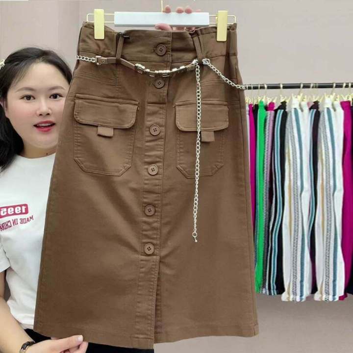 ผู้หญิงสไตล์ใหม่กระโปรงผ้าฝ้ายเกาหลีเอวสูงผู้หญิงแต่งตัวแฟชั่นพลัสขนาดกระเป๋าลำลองกระโปรง-a-line
