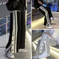 【CC】☌✸☃  Men Sweatpants Loose Side Split Buttons Length Contrast Color Elastic Waist Thin Print Pants Male