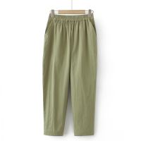 【มีไซส์ใหญ่】Plus Size XL-4XL Womens Full Cotton Ankle Pants solid Color Elastic Waist Harem All Matching Female Trousers