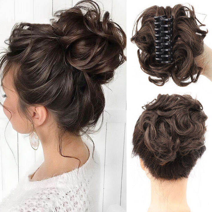 Synthetic Hair Bun Black Brown Wavy Messy Scrunchies Bun Claw Clip in