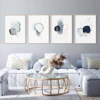 บทคัดย่อ Blue Sketch ภาพวาดผ้าใบ Gold Lines สำหรับตกแต่งห้องนั่งเล่น-Modern Abstract Wall Art โปสเตอร์พิมพ์-เหมาะสำหรับตกแต่งบ้านหรือสำนักงาน