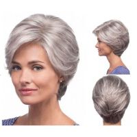 Short Wigs for  Middle Old and Elderly Women Synthetic Grey Hair Curly Straight Wig Natural Wave Cosplay Wig  Hair Extensions Pads