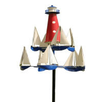 Kerrk Lylyp Nautical Wind ประติมากรรมลมสีแดงขาวน้ำเงินประติมากรรมลมโลหะ Nautical Wind Spinner สำหรับตกแต่งสวนกลางแจ้งฤดูร้อนประภาคารเรือใบกังหันลมประติมากรรมศิลปะ