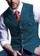 Mens Business Formal Dress Suit Vest Slim Fit Plaid V