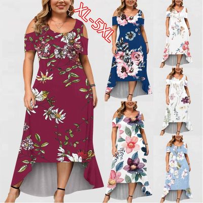 5xl 4xl Bohemian Midi Long Dress Women Summer Floral Print Short Sleeve Boho Beach Sundress Big Size Woman Dresses Vestidos