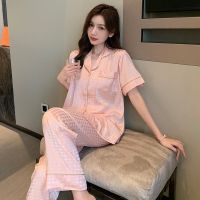 ↂ Ice silk pajamas womens summer 2022 new high-end houndstooth short-sleeved trousers thin section can be worn outside home clothes