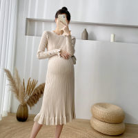 2305# Autumn Winter Knitted Maternity Long Sweaters Chic Ins Elegant A Line Slim Dress Clothes for Women Pregnancy