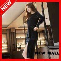 NEW MALL 2022 Gold Velvet Dress WomenS Long-Sleeved High-Waist y Mid-Length Slit Bag Hip Skirt