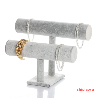 Shipiaoya กำไล2ชั้นที่วางจัดแสงสร้อยข้อมือ T-Bar ยืนขาตั้งตู้โชว์กำมะหยี่สีดำ