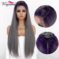 Kryssma Long Straight Synthetic Wigs For Women Ombre Grey Purple Roots Lace Front Wig Womens Cosplay Wigs Heat Resistant Fiber Gift ของขวัญ