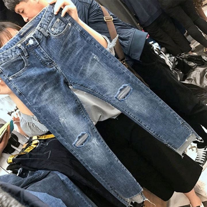 กางเกงยีนส์ขาดๆของผู้หญิงใหม่สไตล์เกาหลีเอวสูงสลิม-อินเทรนด์