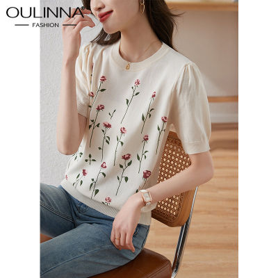 OULINNA 2023 Flower Premium Knitted Sweater Ice Silk Bubble Short Sleeve T-shirt Womens Unique Small Shirt Top Summer Womens Wear