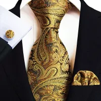 NianMiao Three-Piece Set 2023 Paisley Waistband Mens Tie Pocket Square Sleeve Button