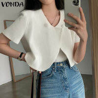 (จัดส่งฟรี)Fancystyle VONDA ชุดผู้หญิงลำลอง,เสื้อเบลาส์เนื้อกระดุมแขนสั้นอเนกประสงค์สีพื้น