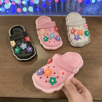 Childrens summer new slippers outdoor wear home thick-soled drooping feeling cute little flowers solid color two-way hole shoes