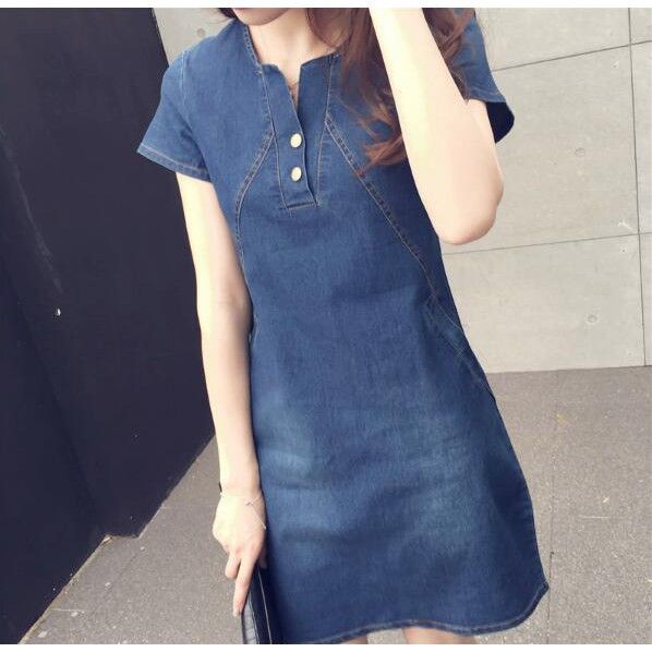 ready-stock-women-casual-denim-dress-plus-size-midi-dresses-baju-kurung-blue