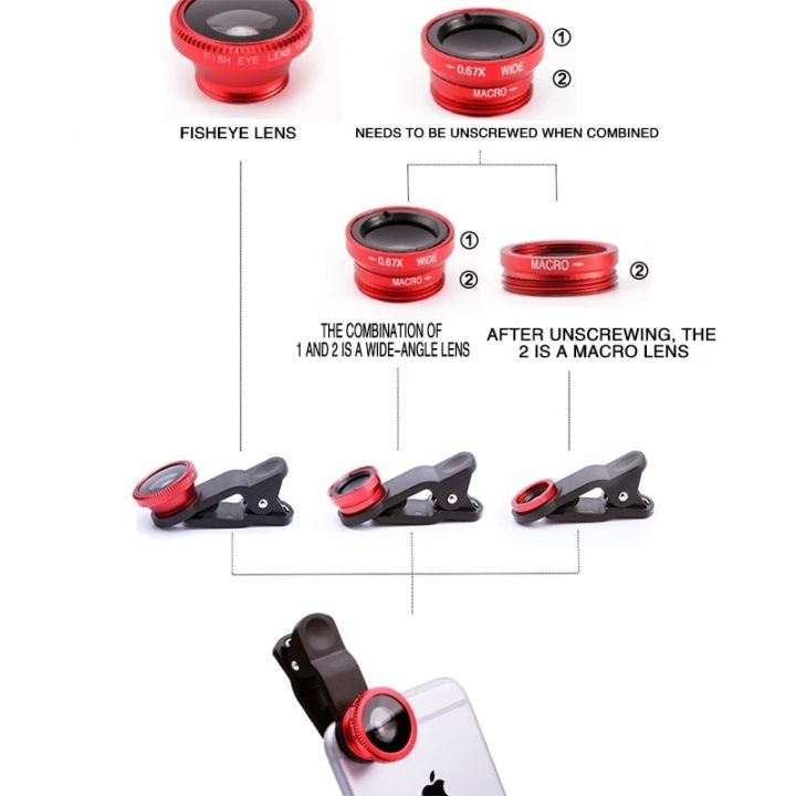 กล้องมาโคร3-in-1อเนกประสงค์สำหรับโทรศัพท์แว่นขยายโทรศัพท์มือถือกล้องมาโครมุมกว้างตาปลาโทรศัพท์มือถืออเนกประสงค์