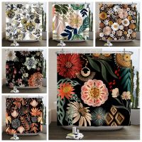 Boho Floral Shower Curtain Flower Tropical Leaves Bathroom Curtain Polyester Fabric Waterproof Bathtub Screen with Hooks 180x180