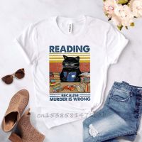 Vintage Style Black Cat T Shirt Reading Because Murder Is Wrong Funny Book Lovers Graphic Premium Fabric Tees