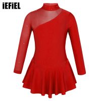 Tulle Splice Ballet Dance Dress Mock Neck Cutouts Back Kids Girls Long Sleeves Figure Ice Skating Roller Skating Leotard Dress