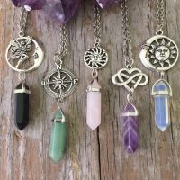 HeAlibabang Natural Stone Pendan Necklace Wire Wrap Hexagonal Amethysts Quartz Crystal Necklace Pendulum Chakra Pendulo