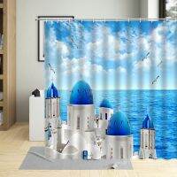 Seascape Beach Scenery Paint Shower Curtains Santorini Blue Roof Church Greece Building Bathroom Curtains Home Decor With Hooks