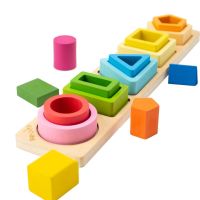 Montessori Gradient Rainbow Wooden Puzzle Geometric Shaped Columns Puzzle Stacker Shape Tower Baby Toddlers Educational Toys Shape Color Sorter Preschool Gift