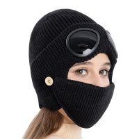 【YD】 New Men Ear Flaps Beanie Hat with Glasses Cap Knitted Adult Ladies Outdoors Bonnet