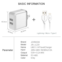 เซตสายชาร์จ Joyroom รุ่น L-L219 หัวชาร์จพร้อมสายชาร์จ Lightning / Type-C ปล่อยกระเเสไฟ 5.0V-3.1A