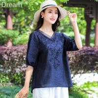 High-end Ramie embroidered shirt womens summer thin mom Western style linen top cotton and linen all-match shirt V729