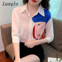 Luxqlo เสื้อพิมพ์ลายแฟชั่นใหม่สำหรับผู้หญิงชุดหน้าร้อนแขนสามส่วนเสื้อเปิดลงคอเสื้อหลวมลำลองเกาหลี