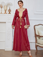 2022 Spring New Elegant Ethnic Embroidery Long Dress Full Sleeve Bronzing Print Arabic Women Lace-up Dress Kaftan Robe Eid