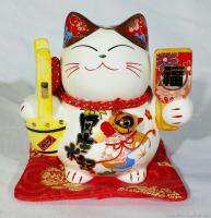 Maneki Neko แมวนำโชค แมวกวัก สูง4นิ้ว ถือถังสมบัติ และไม้ตีลูกขนไก่ -เซรามิค [35314]