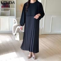 VONDA Women Korean Casual Round Neck Long Sleeve Plain Loose Pleated Long Dress