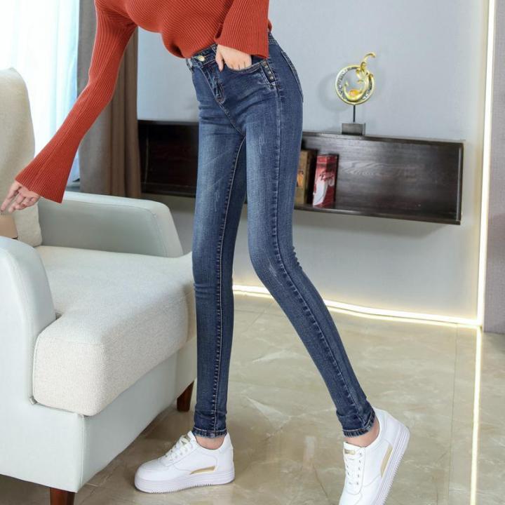 กางเกงยีนส์ทรงเกาหลีขนาดใหญ่สำหรับผู้หญิง-กางเกงยีนส์ทรงเอวสูงกางเกงผู้หญิงรัดรูปขายาว7นาทีกางเกงเก้านาทีขากำมะหยี่แบบเดียว