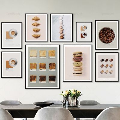 กาแฟขนมปัง M Acaron ไข่อาหารโปสเตอร์พิมพ์ผ้าใบจิตรกรรมฝาผนังศิลปะรูปภาพสำหรับห้องครัวคาเฟ่ร้านตกแต่งบ้าน