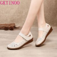 【LZ】LMLLK SHOP GKTINOO Genuine Leather Ladies Flat Summer Shoes Woman Slip On Casual Loafers Hollow Out Round Toe Soft Comfort Sandals Female