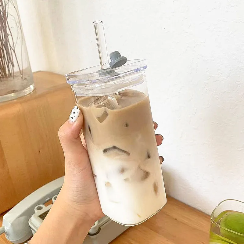 500ML Glass Cup w/Lid and Straw Transparent Bubble Tea Cup Juice